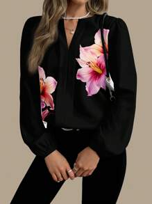 Glamance myriadwaveart Women Black Blouses Long Sleeve Notched Casual Plants Floral Summer Tops Going Out Office Going Out Business Casual Office Fall Day Night Travel Airport Streetwear Blouse, Fall Modest Back To School Work Autumn And Winter Flowy Top Going Out Elegant Blouses New Year Chic Stylish Clothing Collection