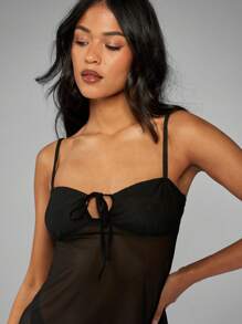 MISSGUIDED Sheer Chiffon Babydoll Nightwear Mini Dress Set Holiday Lounge Gift Bedtime Cami Sleep Essential Silky Smooth Adjustable Spaghetti Strap - Black - View 4
