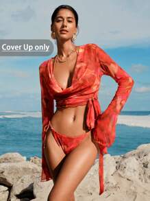 Opulessa 女士节日扎染印花喇叭袖罩衫，适合夏季海滩度假、乡村音乐会、纱笼 - 紅色 - 查看 1