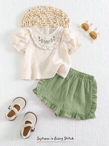 Cozy Pixies 2 件装女婴花卉印花圆领短款泡泡袖荷叶边下摆套头衫和腰部弹力短裤套装