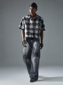 NEON BLANC Men Stylish Street Grid Pattern Rhinestud Spider Web Embroidery Short Sleeve Woven Shirt , Plaid Shirt - Black and White - View 1