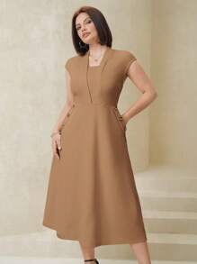 SHEIN Clasi Plus Size Elegant Button Decor Office Dress - Khaki - View 6