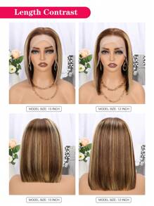 13x4 高光 4/27 渐变色蕾丝前假发 10-12 英寸短波波头真人发假发 13x4 渐变色波波头女士假发