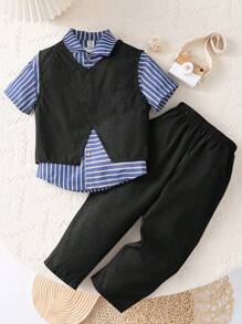 SHEIN Leap Crew 3Pcs Boys Korean Casual Loose Sleeveless V-Neck Vest + Gray Tapered Pants + Navy Blue Striped Shirt Set, Buy 2 Get 1 Free, Suitable For Travel, School, Daily Gathering, Autumn/Winter - Black - View 9