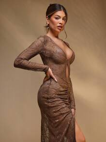 Hauture 女士镂空简约长袖连衣裙，适合夏季 - 棕色 - 查看 4