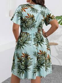 Flirla 大码女式热带植物印花荷叶边短袖连衣裙，夏季度假