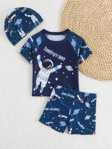 2pcs Baby Swimsuit Set: Printed Tankini Top & Trunks Bottom, Comes With Hat