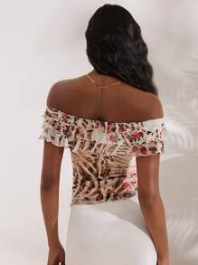 Opulessa Áo cánh hở vai in lưới dệt kim ôm sát dành cho nữ - Màu be - Xem 6