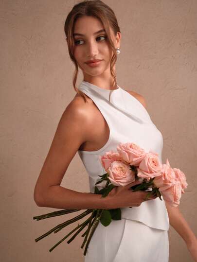 Savoree 性感、春季、夏季、优雅、休闲缎面垂领露背无袖吊带背心上衣