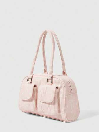 Kawaii Borsa portatile da donna con stampa a fiocco rosa e a cuore