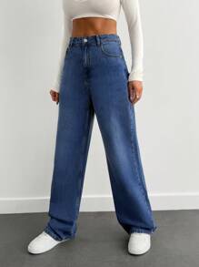 SHEIN Cottnline Slant Pocket High Waist Straight Leg Jeans - Medium Wash - View 3