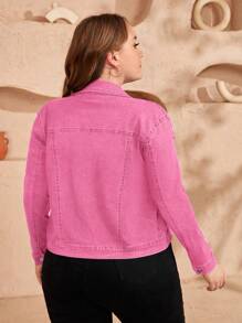 EMERY ROSE Plus Size Women's Casual Denim Jacket With Single-Breasted, Spring - Pink - View 2