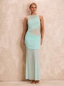 Glamine Glamine Mesh Overlay Ruffle Dress Split See Through Breezy Sea Salt, Light Blue, Light Green Vacation Dress Summer Outfits Vacation Outfits Woman Summer Clothes Dress For Women