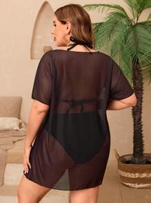 SHEIN Swim Curve 1set Plus Size Women 3 Pieces Halter Tie Tankini Swimwear With Loose Shirt, Casual Holiday Beach Cover Up For Summer Beach Vacation - Black - View 2