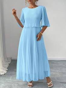 Elenzga 大码优雅淑女纯色褶皱雪纺连衣裙，春夏