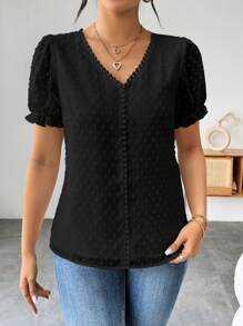 Elenzga Women's Solid Color Swiss Dot Flounced V-Neck Puff Sleeve Blouse