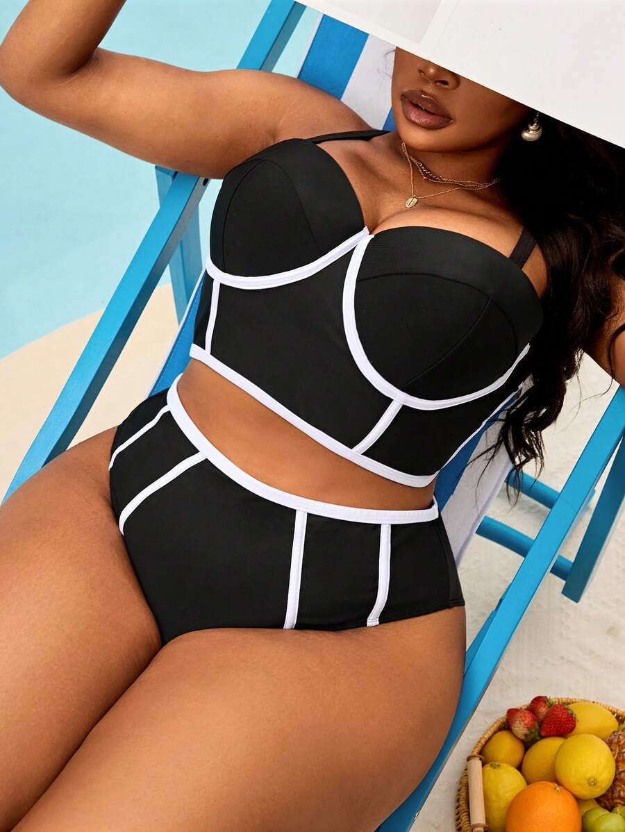 Slaydiva 大码女式黑白拼色钢圈休闲泳装套装 - 黑與白 - 查看 1