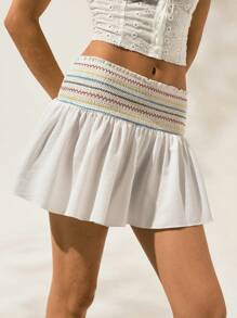 Easelle Spring/Summer Women's Vacation Casual Frill Trim Smocked A-Line Mini Skirt - White - View 3