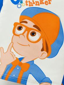 Blippi X SHEIN Young Boy Cartoon Graphic Colorblock Snug Fit Blue & Orange Top & Shorts Pajama Two Pieces Outfit - Blue and White - View 3