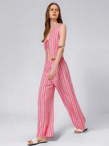 GENKIRA 2 件套女士条纹系带背心和裤子休闲装 - 彩色 - 查看 4