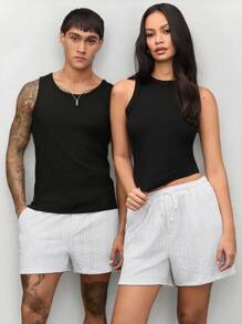 Mainfolk Unisex Casual Intarsia Knit Mid-Waist Fitted Solid Color Shorts, Suitable For Daily Wear - White - View 3