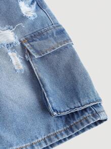 SHEIN Tween 女童 Y2K 春夏翻盖口袋侧破洞磨边宽松直筒牛仔裤短裤，女童夏装演唱会服装街头服装 - 中等水洗藍 - 查看 4