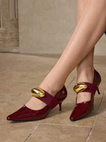 MOTF PREMIUM POINTED TOE METAL DETAIL LOW HEEL WOMEN ELEGANT COMMUTING PUMPS, FOR VALENTINE'S DAY PROM HEELS - Burgundy - View 3