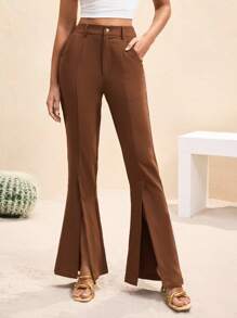 HIBA Dark Brown Solid Color High Waist Gold Button Asymmetric Slit Flared Pants Women's Pants Petite Casual Women Summer Clothes - Brown - View 3