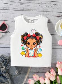 Camisetas sin mangas informales para niñas, con diseños gráficos de dibujos animados simples y lindos de cuello redondo, aptas para el verano - Blanco