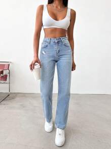 EURMUSE Women Casual Washed Ripped Straight Leg Jeans - Blue - View 4