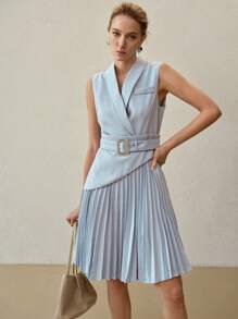 MOTF PREMIUM 實色披肩領扣帶褶皺下擺連身裙 - 藍色 - 查看 5