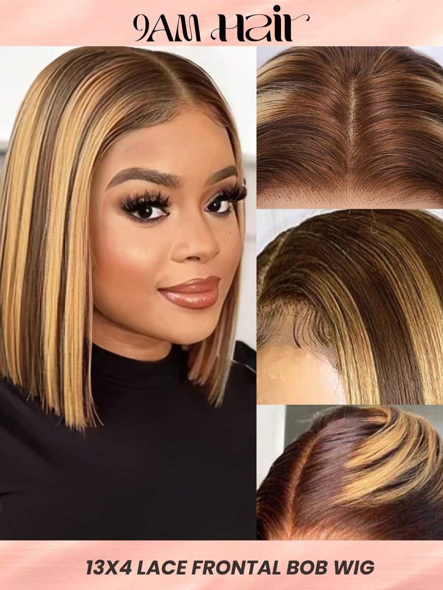 13x4 高光 4/27 渐变色蕾丝前假发 10-12 英寸短波波头真人发假发 13x4 渐变色波波头女士假发