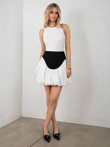 SNOW XUE GAO 黑白高腰泡泡袖少女裙夏季女装裙子夏季工作短裙 - 黑與白 - 查看 3