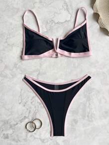 Swim SXY Đồ bơi Tankini cổ chữ V cắt xẻ màu sắc cho nữ, Đồ bơi phong cách Châu Âu gợi cảm - màu đen - Xem 4