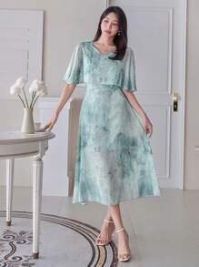 DAZY Solid Color V-Neck Mid-Length Shiny Dress For Women