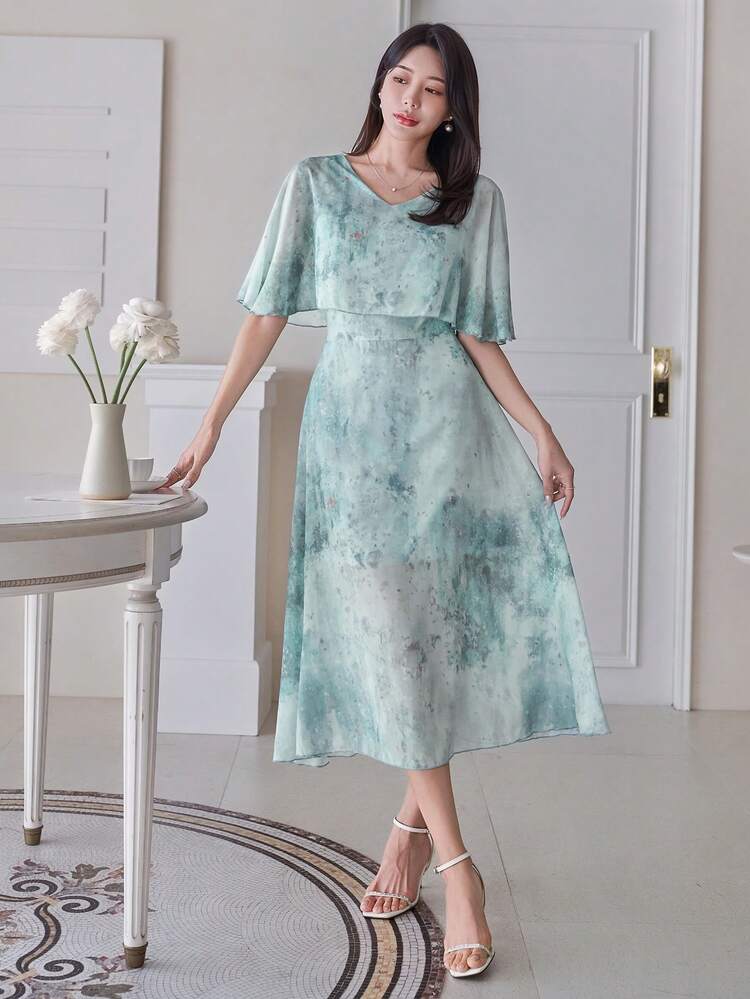 Solid Color V-Neck Mid-Length Shiny Dress For Women