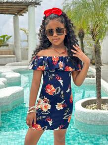 SHEIN Tween Girl Elegant Versatile Flower Print Off Shoulder Ruffle Hem Snug Fit Dress - Navy Blue - View 5