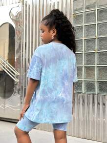 SHEIN Tween Girl 2 件套：休闲扎染蓝色印花宽松 T 恤和紧身打底裤