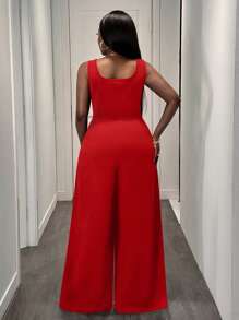 Slaydiva 优雅休闲通勤大码女式黑色无袖阔腿连体裤 - 紅色 - 查看 2