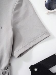 Young Girl Letter Print Short Sleeve Zip Placket Hooded Casual Jumpsuit - Grey - View 3