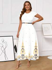 SHEIN Clasi 大码休闲复古图案中长连衣裙，适合夏季 - 金色 - 查看 4