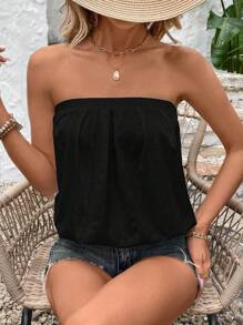 SHEIN LUNE Hollow Out Jacquard Textuur Casual Mouwloos Geplooide Blouse, Elegant Voor Reizen & Vrije Tijd
