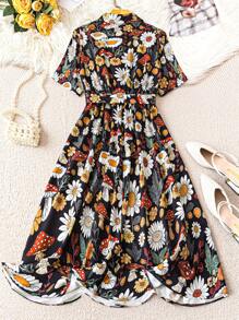 Breezaya Robe d'été à taille marquée avec col à motifs champignons et floraux, manches courtes, imprimé aléatoire, convient pour les vacances et l'usage quotidien, grande taille