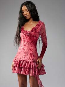 MISSGUIDED Ruffle Trim Devore Velvet Mini Dress Long Sleeve Party Club Fall Winter Holiday Nye Statement Dress - Pink - View 4
