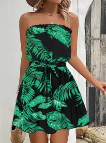 Breezaya 女士度假风花卉印花荷叶边下摆短款吊带背心连衣裙 - 綠色 - 查看 4