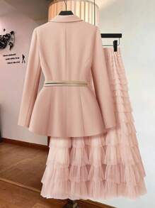 Rometta 2pcs/Set Plus Size Women Spring Summer Business Chic Blazer Jacket And A-Line Layered Mesh Cake Skirt Set Graduation,Back To School,Teacher Outfits For Women Fall Cloth For Women Autumn