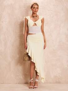 Glamine Women's Sexy Romantic Lace Square Neck Bow Patchwork And Ruffle Asymmetrical Hem Skirt 2pcs Set