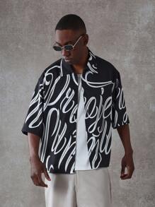 SUMWON Oversized Designer Shirt All Over Print Calligraphy Script Pattern Street Style Festival Party Club Short Sleeve Button Up Casual Contemporary Unique Fashion Statement - Black - View 2