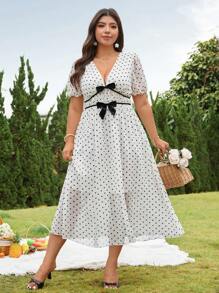 SHEIN Clasi Elegantes Lässig-Kleid in Große Größen mit tiefem V-Ausschnitt, Polka-Punkten, Laternenärmeln und Schleife, Sommeroutfit für Frauen, Outfit für St. Patrick's Day Raves, Festival- und Frühjahrsferien-Outfits, St. Patrick's Boho - Weiss - Übersicht 5