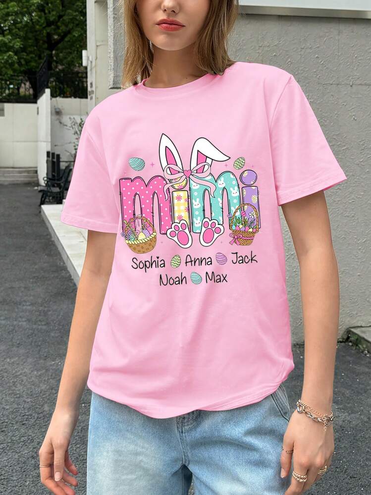 SHEIN Unity تي شيرت أكمام قصيرة طباعة أرنب "ميمي" لطيف للفتيات، تيشرت عيد الفصح - وردي - مشاهدة 3